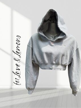 For Love & Lemons Cropped Hoodie Gray Embroidered Daisy Pullover XS